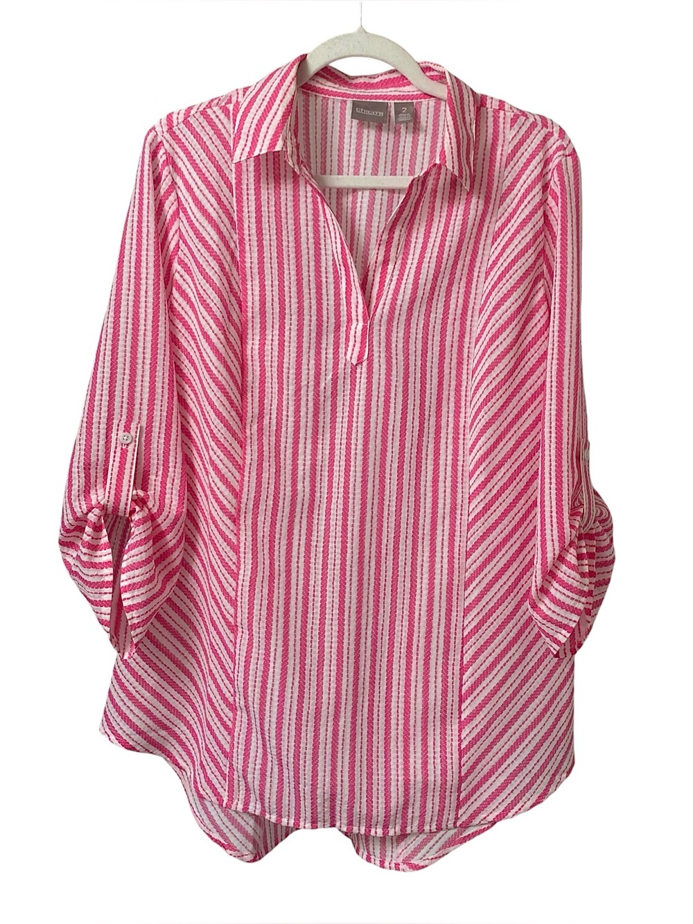 Chico’s pink white striped long roll tab sleeves preppy lightweight tunic Top L
